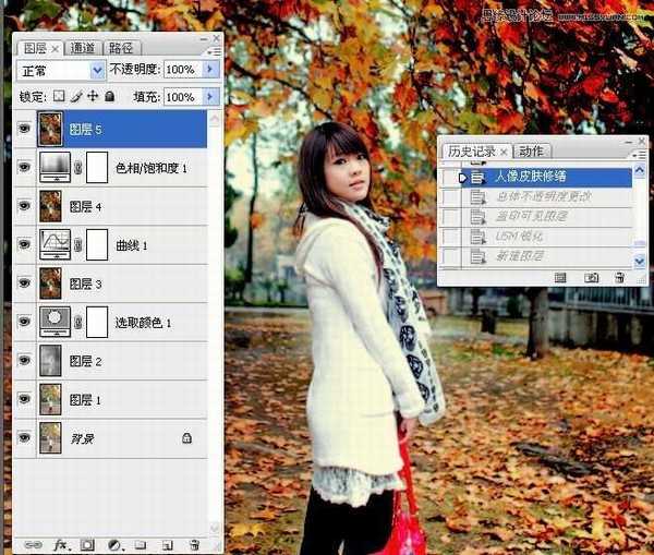 Photoshop将公园美女图片调制出秋季金黄色调