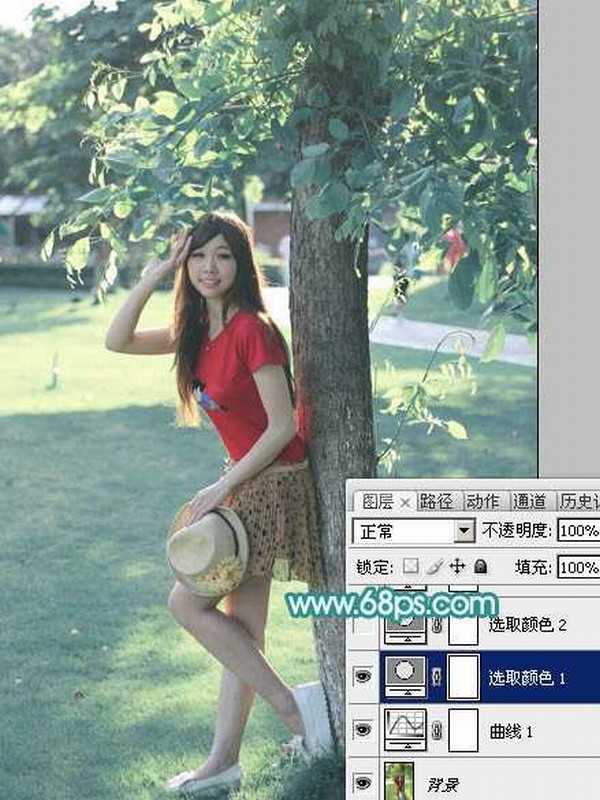 Photoshop为树荫下的美女图片加上清爽的青绿色