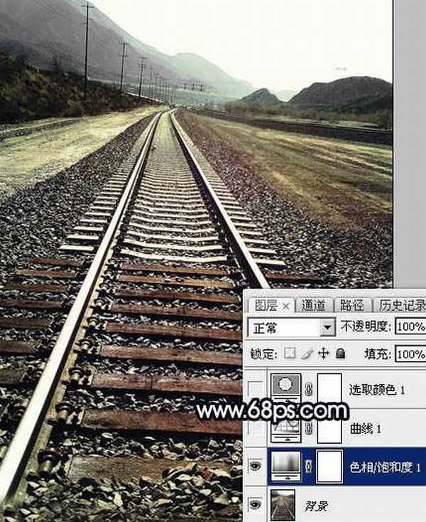 Photoshop为铁轨图片加上晨曦暖色
